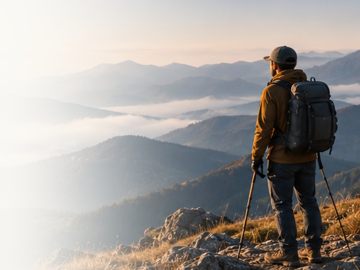 A walker looking out over a misty mountain range at sunrise